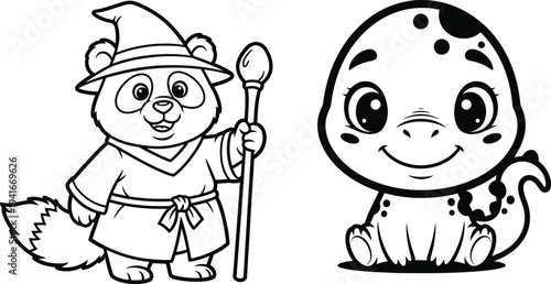 A cartoon squirrel wizard and a dinosaur egg creature coloring page