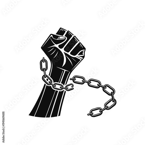 Strong black fist with broken chain symbolizing freedom, liberation, and resistance