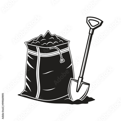 Gardening illustration of a shovel beside a bag of soil ready for planting