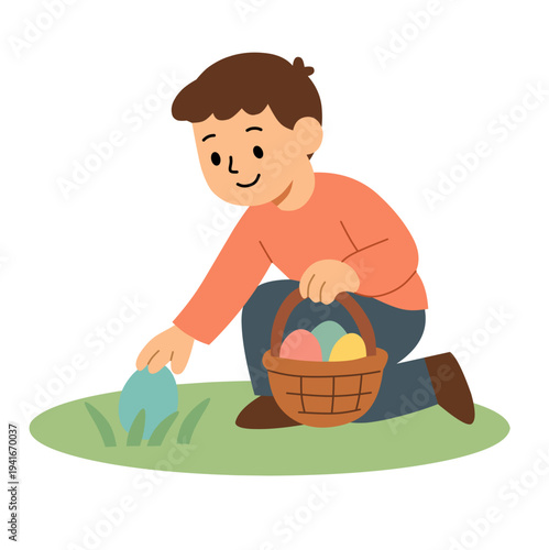 Cute cartoon boy picking up Easter egg from grass with basket, flat design vector illustration