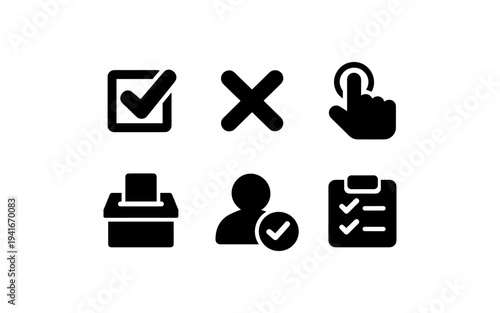 Collection of six black icons representing common actions and decisions on a white background