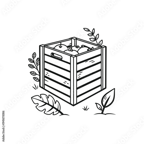 Wooden compost bin with growing plants illustration symbolizing sustainable gardening