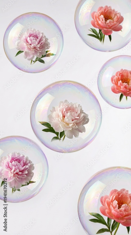 Naklejka premium Pink and peach peonies encased within floating iridescent bubbles against a white background. This surreal composition evokes wonder and soft dopamine joy. Ideal for lifestyle and social media.
