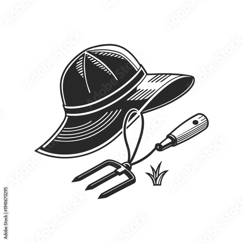Gardening tools and hat illustration representing outdoor farming and garden work