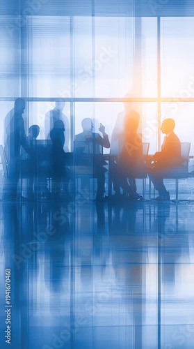 Business Meeting in a Modern Office with Silhouetted Figures and Bright Sunlight Through Large Windows