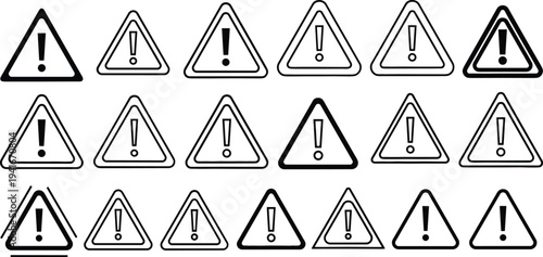 Warning Triangle Exclamation Mark Icon Set with Alert, Caution, Danger and Risk Symbols for Safety Signs, Notifications, Hazard Alerts and User Interface Design