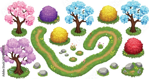 Set of Colorful Cartoon Trees, Bushes, Rocks, and Grass Paths Vector isolated PNG with Transparent Background