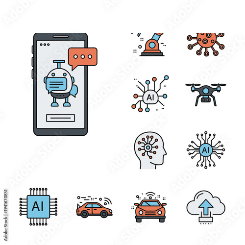 Smart Technology Ai Chatbot Robot on Smartphone Screen Neural Network Drone Self driving Car and Cloud Upload Icons