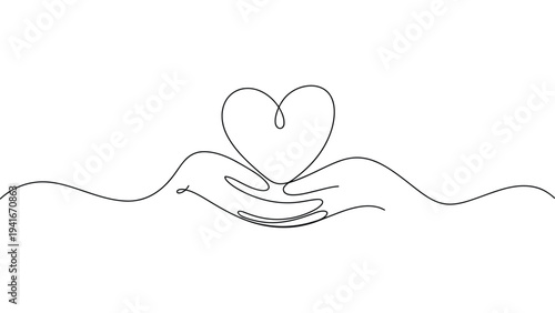 continuous line drawing of hands holding heart symbol representing love care support kindness compassion charity minimal vector illustration