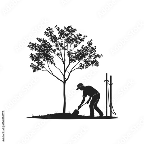 Silhouette of person planting a young tree using shovel and rake tools