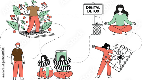 Set of Modern Vector Illustrations Representing Digital Detox Mindfulness Mental Health and Unplugging from Technology with People Meditating and Breaking Smartphone Addiction for Wellness