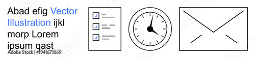 Task management, productivity, deadlines, organization, communication, work tools. Checklist, clock and envelope icons in a minimal design. Task management and productivity concept