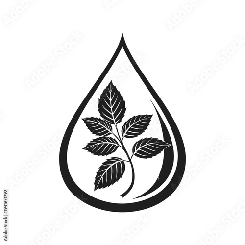 Minimal black and white water drop with leaf symbol representing eco sustainability
