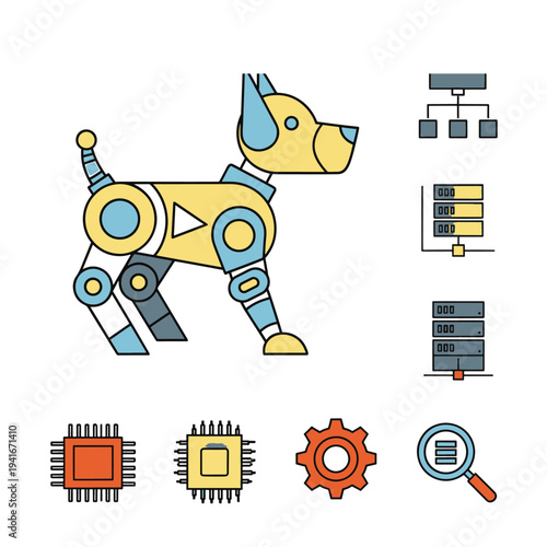 Cute Robot Dog with Data Flow Diagram Servers Microchip and Gear Icons Technology Concept