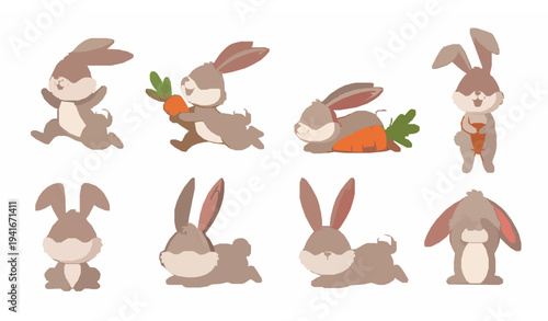 Funny bunny cartoon vector set cute rabbits characters collection isolated on white background