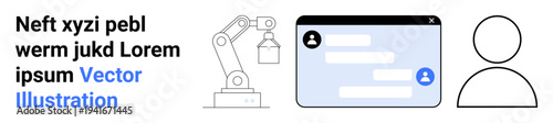 Industrial automation, online messaging, user profiles, human-robot interaction, digital transformation, and networking. a robotic arm, messaging interface and user icon. Industrial automation
