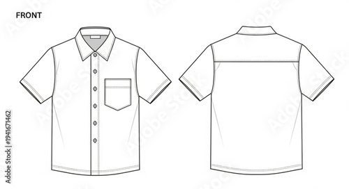 Technical drawing of a short-sleeved button-down shirt with pocket.