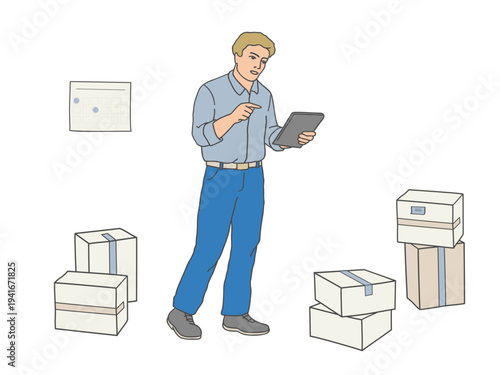 Warehouse worker inspecting packages using digital tablet