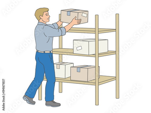 Warehouse employee placing cardboard boxes on storage shelf