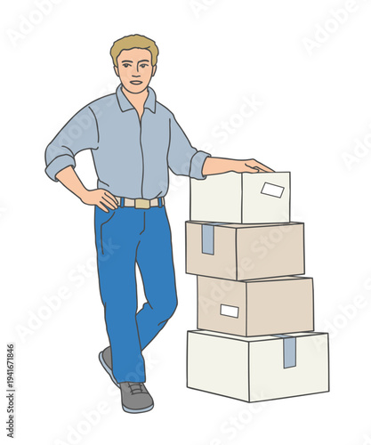 Warehouse worker standing near stacked cardboard parcels