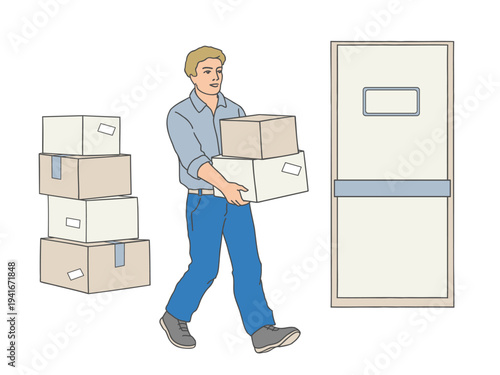 Warehouse employee carrying stack of cardboard boxes