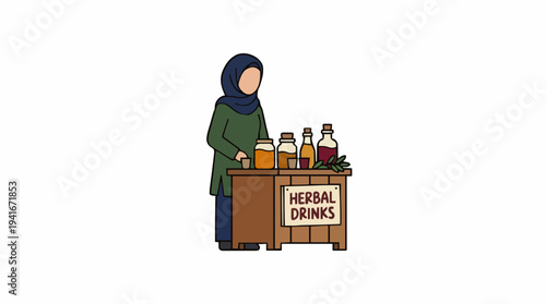 Woman in a hijab selling herbal drinks from a wooden stall with assorted bottles and jars showcasing natural remedies and healthy beverages in a simple outdoor setting