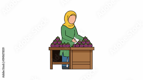 Muslim Woman Arranging Fresh Eggplants on a Wooden Market Stall Displaying Abundance Healthy Produce and Agricultural Goods