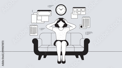 A stressed woman sits on a couch with her hands on her head surrounded by various tasks and deadlines