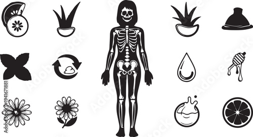 Set of 12 black and white vector icons featuring human skeleton, aloe vera, flowers, citrus, and nature elements for health and wellness designs isolated PNG with Transparent Background