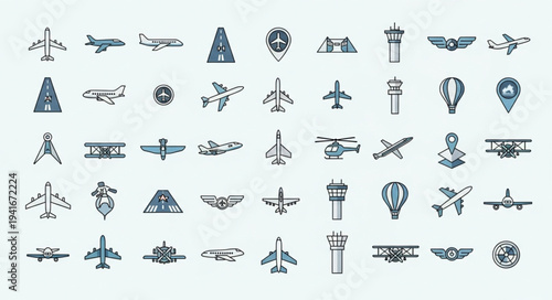 Collection of Aviation Icons - Planes, Towers, and Winged Emblems.
