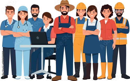 A vibrant and diverse group of essential professionals representing various occupations, industries, and skill sets, standing united to symbolize collaboration and a strong workforce