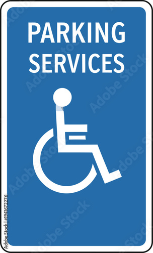 A reserved blue handicap parking sign featuring the white wheelchair accessibility symbol serves as a traffic icon for disabled person car access and invalid parking law