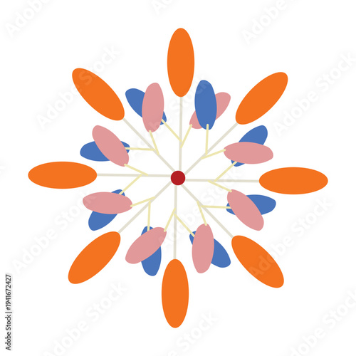 Abstract starburst mandala with orange, blue, and pink petals and red center