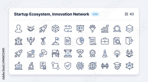 Startup Ecosystem and Innovation Network Icon Set – Modern Outline Vector Icons