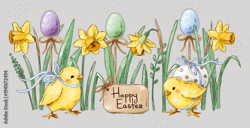 Clip art with Easter eggs, daffodil, grass, chicken and cardboard sign. Happy Easter. Vintage postcard composition. Imitation of pastels, hand-drawn.