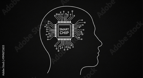 Digital Microchip Inside Human Head Silhouette.