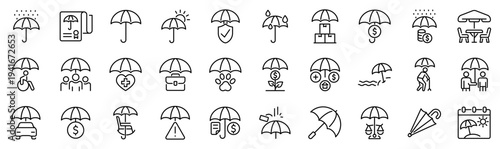 Set of 30 outline icons related to umbrella. Linear icon collection. Editable stroke. Vector illustration