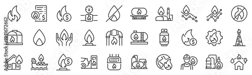 Set of 30 outline icons related to natural gas. Linear icon collection. Editable stroke. Vector illustration