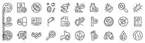 Set of 30 outline icons related to bacteria. Linear icon collection. Editable stroke. Vector illustration