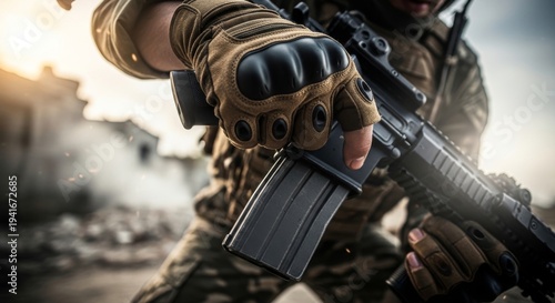 Soldier loading tactical rifle with gloved hand