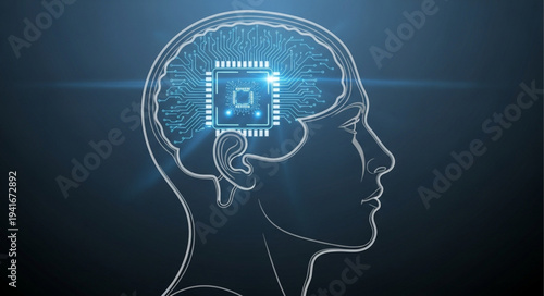 Digital Illustration of Human Brain with Technology Elements.