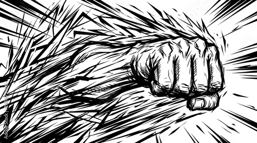 A powerful, dynamic black and white illustration of a fist punching forward with explosive force and speed, creating a dramatic impact effect.