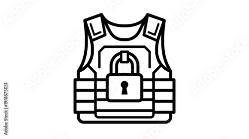Line art icon of a bulletproof vest with a padlock, symbolizing security, protection, and defense against threats.