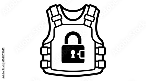 Outline icon of a bulletproof vest with a padlock symbolizing security, protection, and defense against threats.