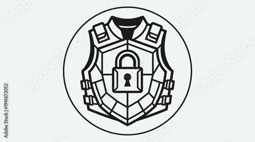 Line art illustration of a bulletproof vest with a padlock, symbolizing security, protection, and defense.