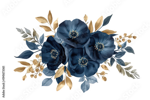 Elegant navy blue watercolor floral bouquet with golden leaves, botanical wedding decoration, vintage garden illustration, transparent background