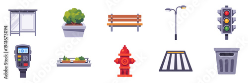 Set of urban street infrastructure with shelter, bench, hydrant, signal and bin, colorful collection with vector flat illustrations