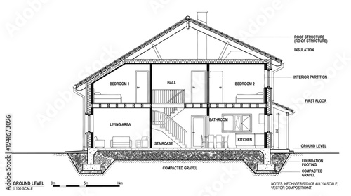 Architectural cross-section of a two-story residential house showing internal layout, structural elements, and foundation details.