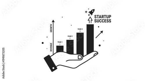 Hand holding a growing bar chart illustrating startup success and business growth over several years with a launching rocket.