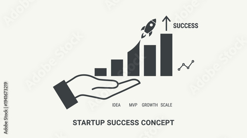 A hand supporting an ascending bar chart with a rocket launching towards success, illustrating startup growth and business development concept.